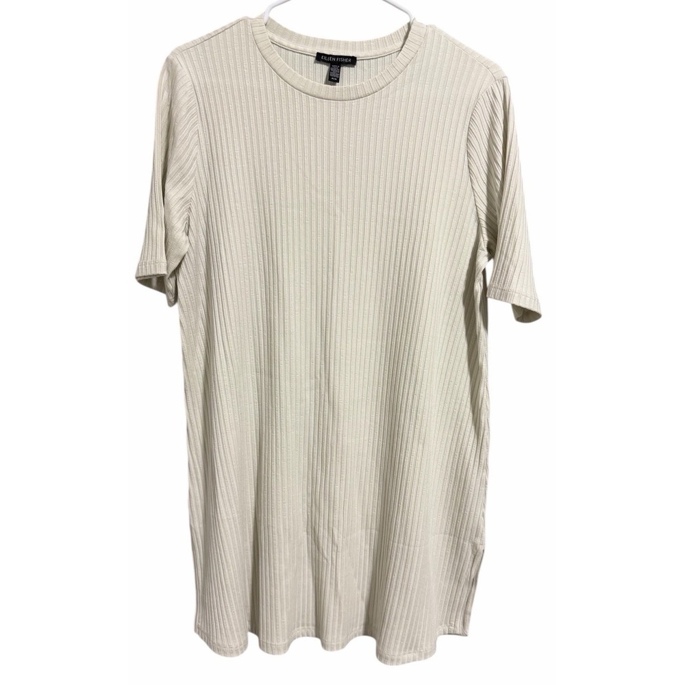 Eileen Fisher Textured Rib Knit Stretch Tunic Top Bone Women's Size Medium